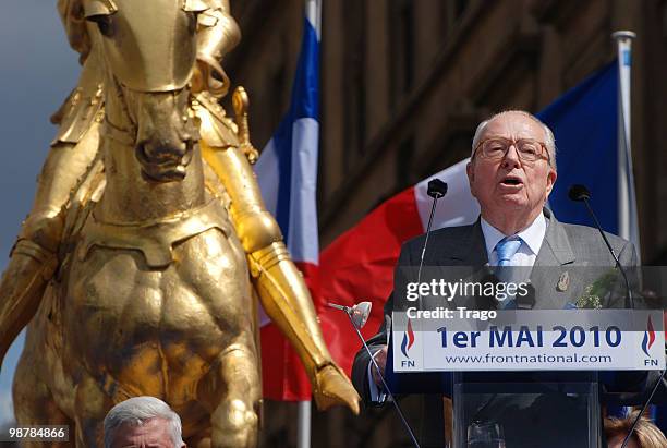 Jean Marie Le Pen hosts the French Far Right Party 'Front National' May Day demonstration in Paris on May 1, 2010 in Paris, France. Marine Le Pen the...