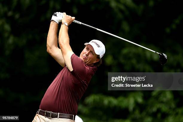 Phil Mickelson hits his tee shot on the 5th hole during the third round of the Quail Hollow Championship at Quail Hollow Country Club on May 1, 2010...