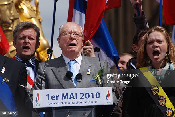 Jean Marie Le Pen hosts the French Far Right Party 'Front National' May Day demonstration in Paris on May 1, 2010 in Paris, France. Marine Le Pen the...