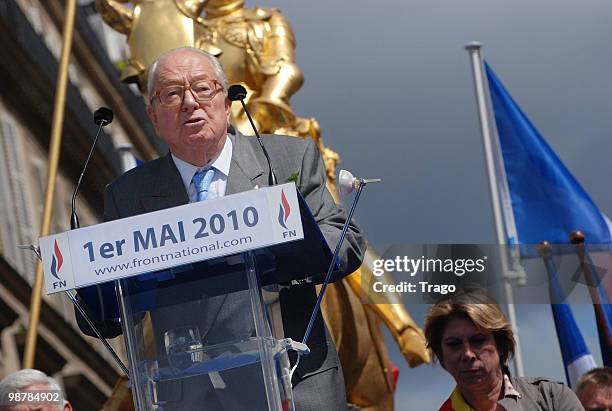 Jean Marie Le Pen hosts the French Far Right Party 'Front National' May Day demonstration in Paris on May 1, 2010 in Paris, France. Marine Le Pen the...