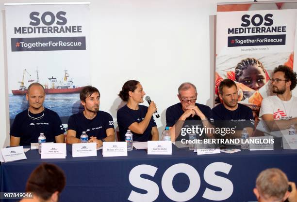 Mediterranee general director Sophie Beau gives a press conference, one day after the arrival of the Aquarius rescue ship, chartered by French NGOs...