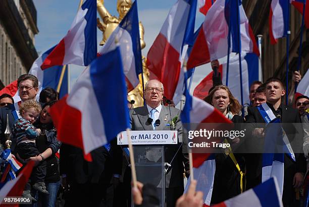 Jean Marie Le Pen hosts the French Far Right Party 'Front National' May Day demonstration in Paris on May 1, 2010 in Paris, France. Marine Le Pen the...