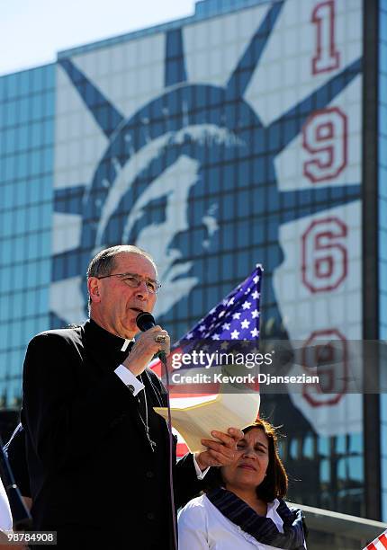 Los Angeles Cardinal Roger Mahony speaks during a march and rally by thousands of Los Angeles residents during a May Day immigration rally on May 1,...