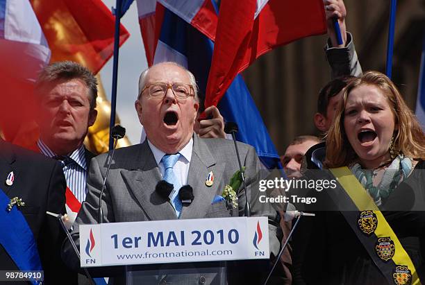 Jean Marie Le Pen hosts the French Far Right Party 'Front National' May Day demonstration in Paris on May 1, 2010 in Paris, France. Marine Le Pen the...