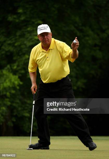 Billy Mayfair reacts to holing a birdie putt on the 13th green during the third round of the Quail Hollow Championship at Quail Hollow Country Club...
