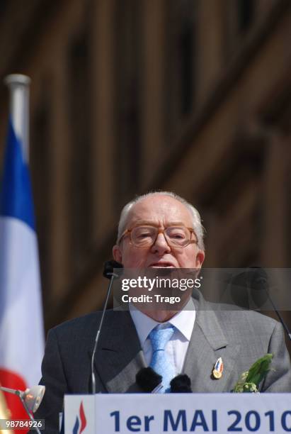 Jean Marie Le Pen hosts the French Far Right Party 'Front National' May Day demonstration in Paris on May 1, 2010 in Paris, France. Marine Le Pen the...