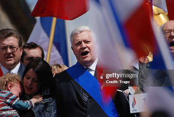 Bruno Gollnisch attends the French Far Right Party 'Front National' May Day demonstration in Paris on May 1, 2010 in Paris, France. Marine Le Pen the...