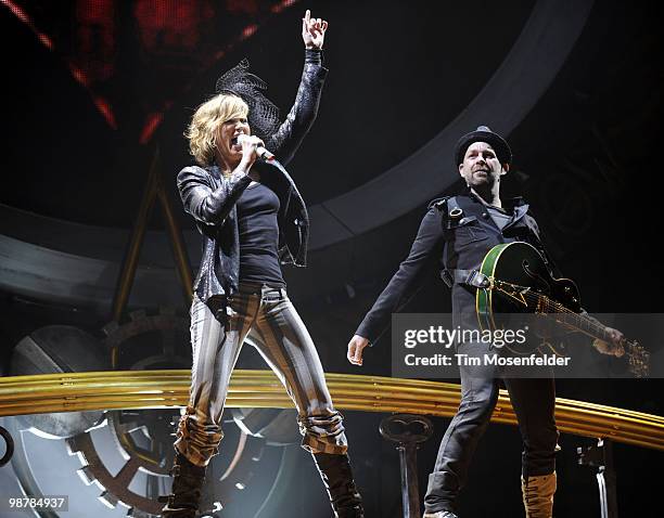 Jennifer Nettles and Kristian Bush of Sugarland perform at the opening night of the bands' The Incredible Machine Tour at Sleep Train Pavilion on...