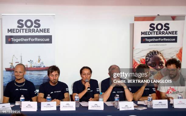 Mediterranee general director Sophie Beau gives a press conference, one day after the arrival of the Aquarius rescue ship, chartered by French NGOs...