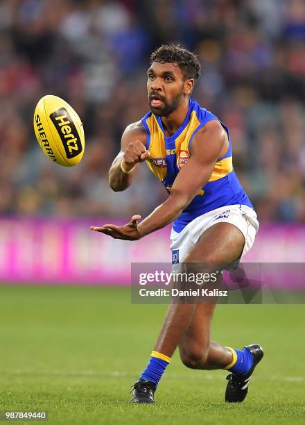 Liam Ryan of the Eagles handballs during the round 15 AFL match between the Adelaide Crows and the West Coast Eagles at Adelaide Oval on June 30,...