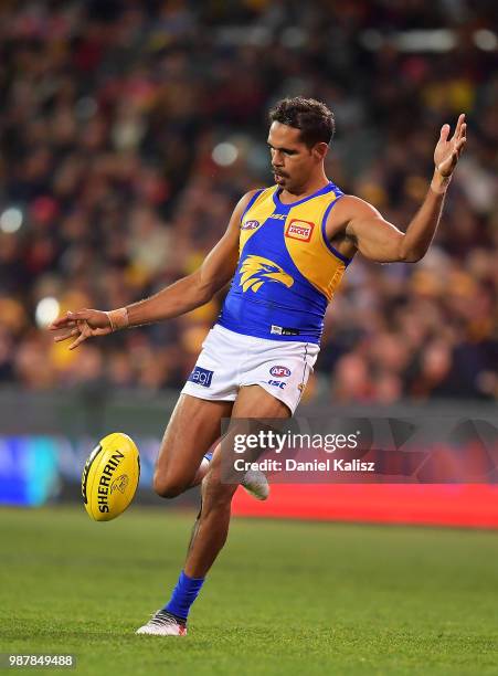 Lewis Jetta of the Eagles kicks the ball during the round 15 AFL match between the Adelaide Crows and the West Coast Eagles at Adelaide Oval on June...