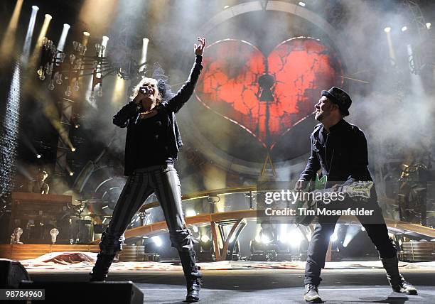 Jennifer Nettles and Kristian Bush of Sugarland perform at the opening night of the bands' The Incredible Machine Tour at Sleep Train Pavilion on...