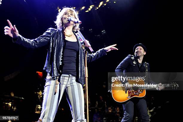 Jennifer Nettles and Kristian Bush of Sugarland perform at the opening night of the bands' The Incredible Machine Tour at Sleep Train Pavilion on...