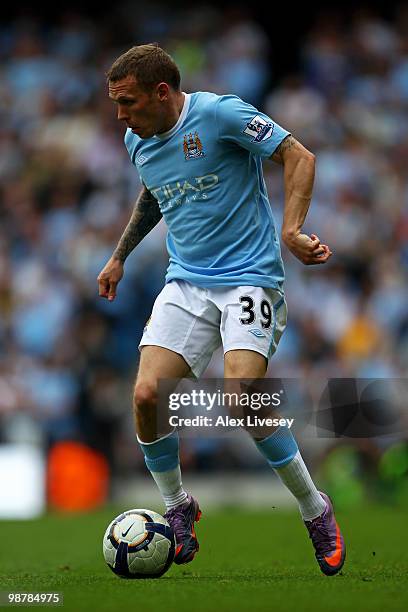Craig Bellamy of Manchester City controls the ball during the Barclays Premier League match between Manchester City and Aston Villa at the City of...