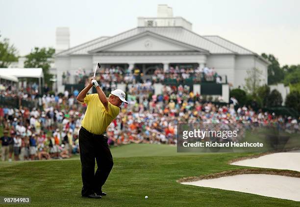 Billy Mayfair plays into the 18th green during the third round of the Quail Hollow Championship at Quail Hollow Country Club on May 1, 2010 in...