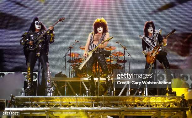 Gene Simmons, Paul Stanley and Tommy Thayer of Kiss performs at Sheffield Arena on May 1, 2010 in Sheffield, England.