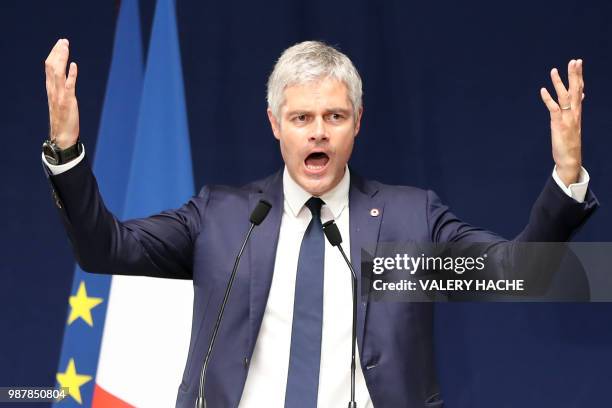 President of Les Republicains right-wing party Laurent Wauquiez speaks during the national council of Republicains in "Palais de l'Europe" in Menton,...