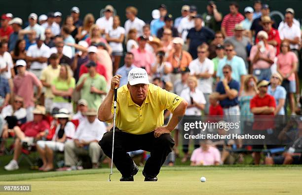 Billy Mayfair lines up a putt on the 18th green during the third round of the Quail Hollow Championship at Quail Hollow Country Club on May 1, 2010...