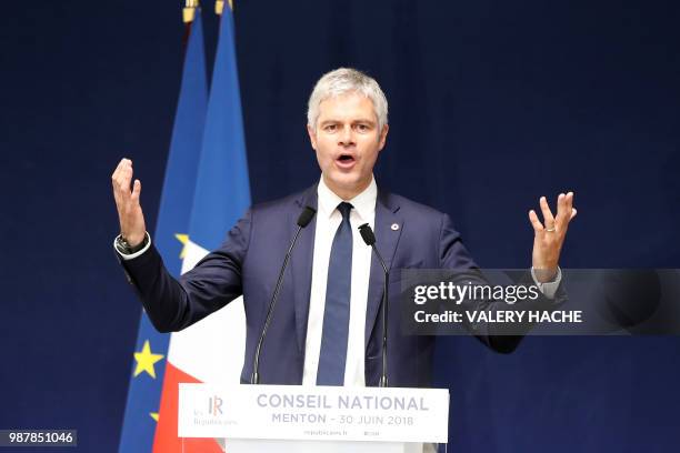 President of Les Republicains right-wing party Laurent Wauquiez speaks during the national council of Republicains in "Palais de l'Europe" in Menton,...