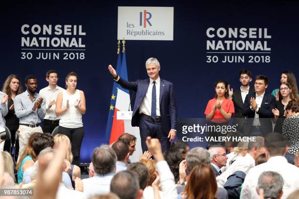 President of Les Republicains right-wing party Laurent Wauquiez waves at the end of the national council of Republicains in "Palais de l'Europe" in...