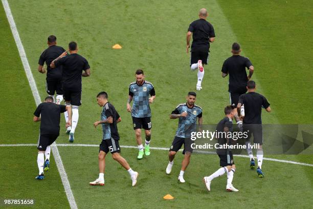 Argentina players warm up prior to the 2018 FIFA World Cup Russia Round of 16 match between France and Argentina at Kazan Arena on June 30, 2018 in...