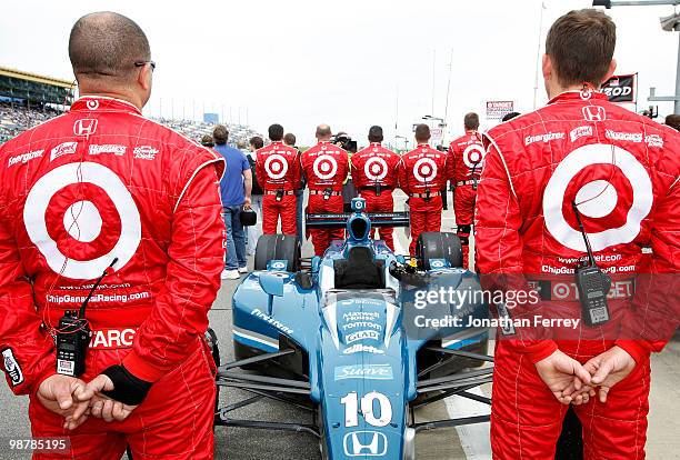 Dario Franchitti's crew members stand by his Suave Ganassi Racing Honda Dallara during the Indy Car Series Road Runner Turbo Indy 300 on May 1, 2010...