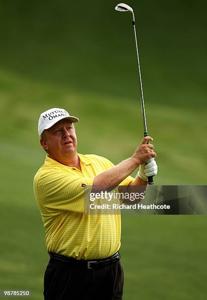 Billy Mayfair pitches into the 14th green during the third round of the Quail Hollow Championship at Quail Hollow Country Club on May 1, 2010 in...