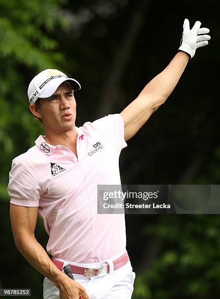 Camilo Villegas of Colombia reacts to a poor tee shot during the third round of the Quail Hollow Championship at Quail Hollow Country Club on May 1,...