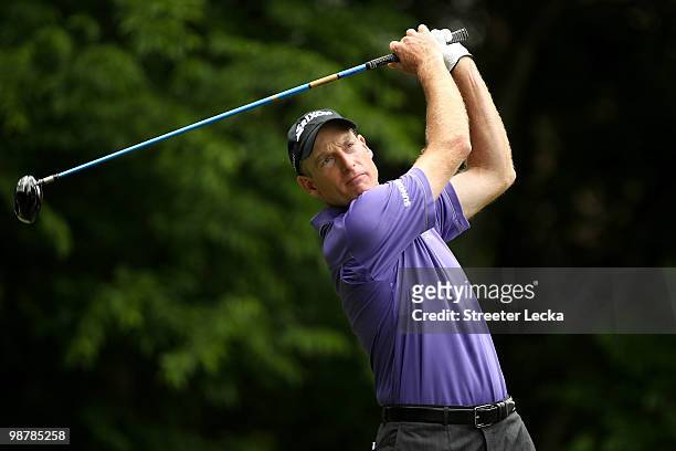 Jim Furyk wtaches his tee shot on the 5th hole during the third round of the Quail Hollow Championship at Quail Hollow Country Club on May 1, 2010 in...