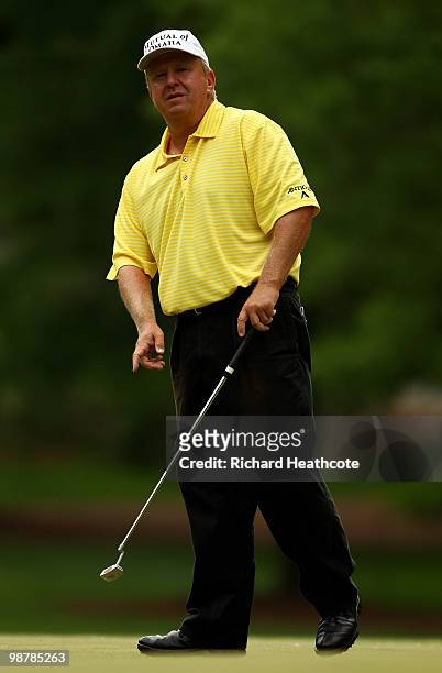 Billy Mayfair reacts to a putt on the 12th green during the third round of the Quail Hollow Championship at Quail Hollow Country Club on May 1, 2010...