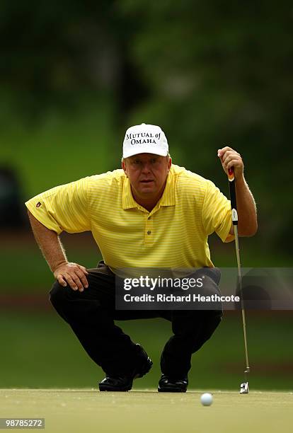 Billy Mayfair lines up a putt on the 12th green during the third round of the Quail Hollow Championship at Quail Hollow Country Club on May 1, 2010...