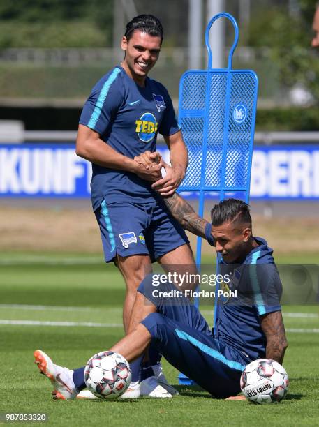 Karim Rekik and Davie Selke of Hertha BSC during the training st Schenkendorfplatz on June 29, 2018 in Berlin, Germany.