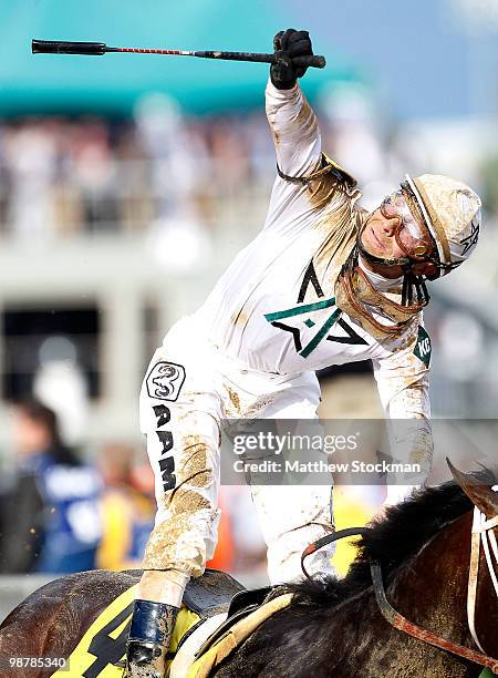 Calvin Borel atop Super Saver crosses the finish line to win the 136th running of the Kentucky Derby on May 1, 2010 in Louisville, Kentucky.