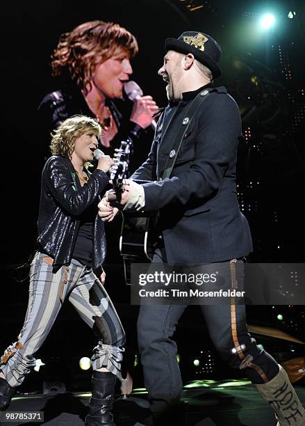 Jennifer Nettles and Kristian Bush of Sugarland perform at the opening night of the bands' The Incredible Machine Tour at Sleep Train Pavilion on...