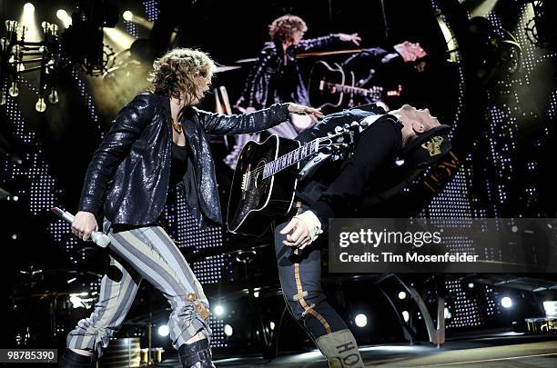 Jennifer Nettles and Kristian Bush of Sugarland perform at the opening night of the bands' The Incredible Machine Tour at Sleep Train Pavilion on...