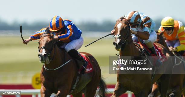 Kildare , Ireland - 30 June 2018; Battle of Jericho, left, with Ryan Moore up, on their way to winning the Tote Rockingham Handicap from second place...