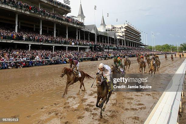 Calvin Borel atop Super Saver crosses the finish line to win the 136th running of the Kentucky Derby on May 1, 2010 in Louisville, Kentucky.