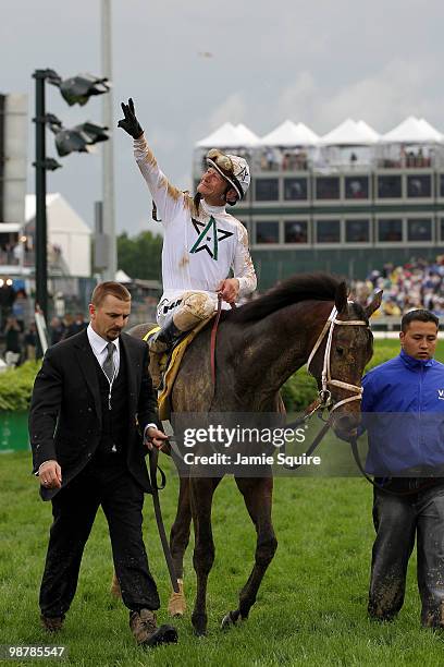 Calvin Borel celebrates atop Super Saver after winning the 136th running of the Kentucky Derby on May 1, 2010 in Louisville, Kentucky.