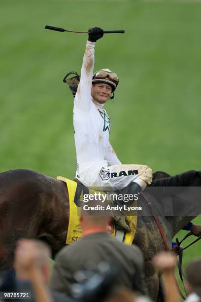 Calvin Borel celebrates atop Super Saver after winning the 136th running of the Kentucky Derby on May 1, 2010 in Louisville, Kentucky.