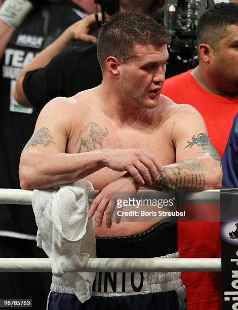 Brian Minto of the U.S. Shows his frustration after loosing the WBO World Championship Cruiserweight title fight against Marco Huck at the...