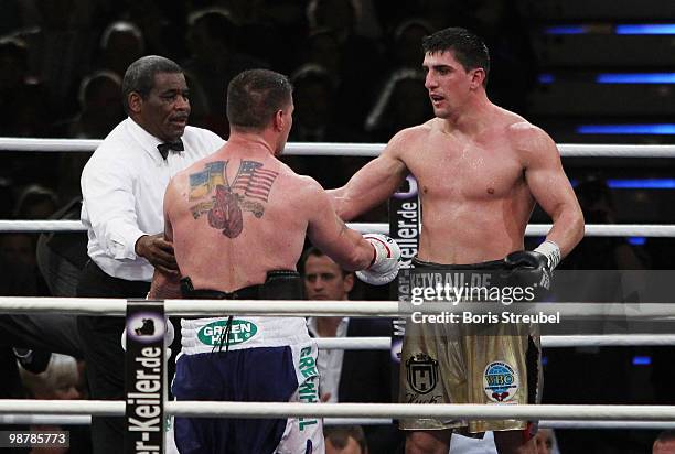 The ringreferee stops the fight between Marco Huck of Germany and Brian Minto of the U.S. During their WBO World Championship Cruiserweight title...