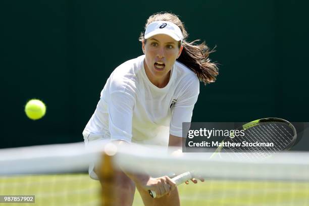 Johanna Konta of Great Britain practices on court during training for the Wimbledon Lawn Tennis Championships at the All England Lawn Tennis and...