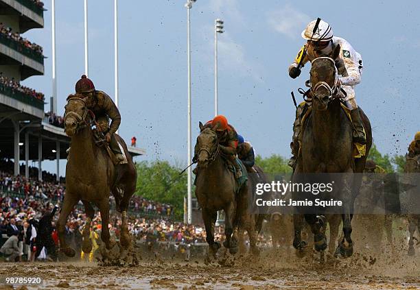 Calvin Borel atop Super Saver crosses the finish line to win the 136th running of the Kentucky Derby on May 1, 2010 in Louisville, Kentucky.