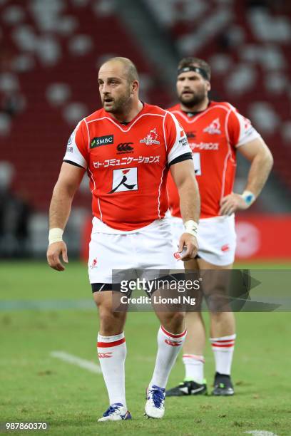 Jaba Bregvadze of the Sunwolves looks on during the Super Rugby match between Sunwolves and Bulls at the Singapore National Stadium on June 30, 2018...