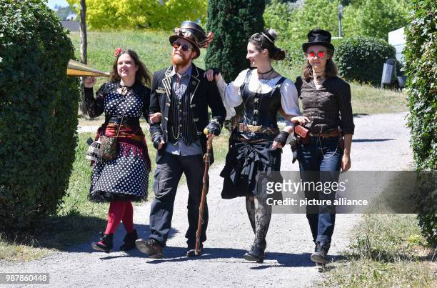 June 2018, Germany, Poessneck: The band Jessnes arrives in imaginative clothes for the steampunk festival in the Shedhalle. The Meissner association...