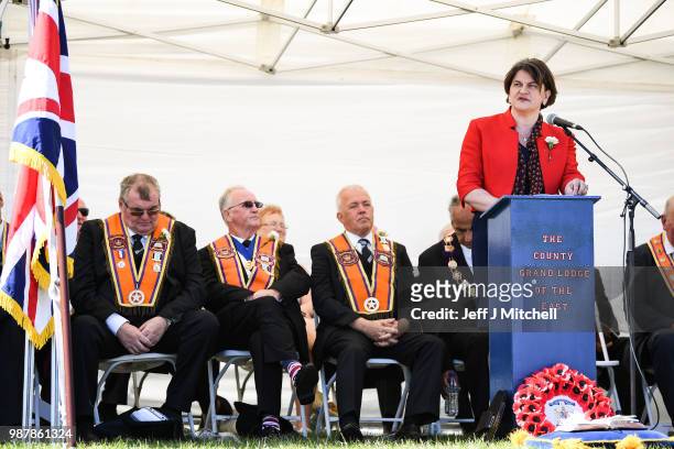 Arlene Foster leader of Northern Ireland's Democratic Unionist Party, addresses the County Grand Lodge of East of Scotland district meeting on June...