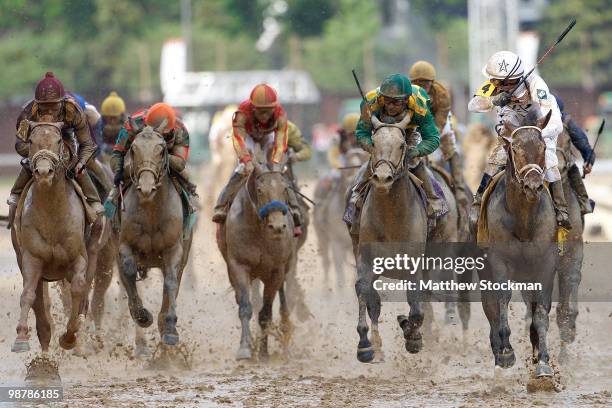 Calvin Borel atop Super Saver crosses the finish line to win the 136th running of the Kentucky Derby on May 1, 2010 in Louisville, Kentucky.