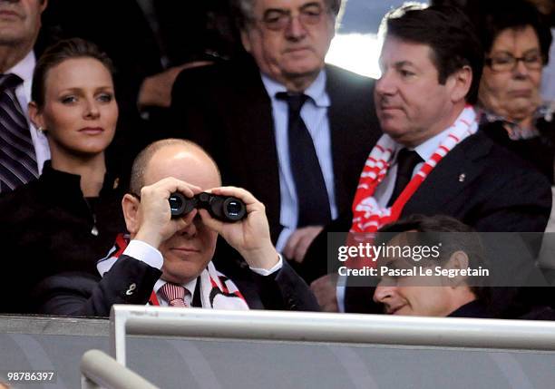 Prince Albert II of Monaco and French President Nicolas Sarkozy attend the French Football cup Final between A.S Monaco and the Paris Saint Germain...