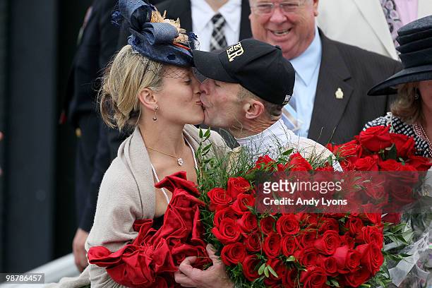 Calvin Borel kisses his wife Lisa after after winning the 136th running of the Kentucky Derby atop Super Saver on May 1, 2010 in Louisville, Kentucky.