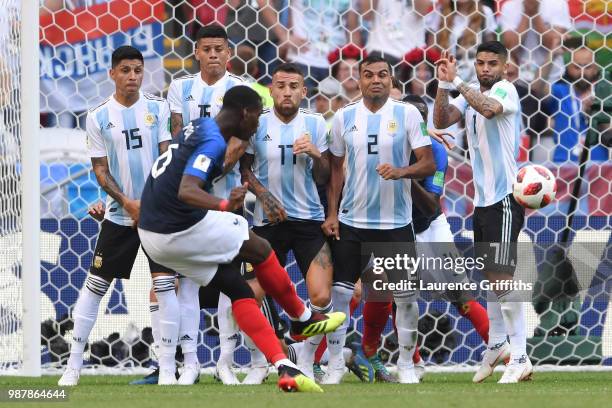 Paul Pogba of France takes a free kick during the 2018 FIFA World Cup Russia Round of 16 match between France and Argentina at Kazan Arena on June...